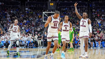 Mar 21, 2024; Pittsburgh, PA, USA; The South Carolina Gamecocks celebrate after guard Ta'Lon Cooper