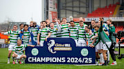 26th April 2025; Tannadice Park, Dundee, Scotland; Scottish Premiership Football, Dundee United versus Celtic; Celtic players celebrate winning the league after their victory today ActionPlus12779165 VagelisxGeorgariou