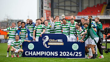 26th April 2025; Tannadice Park, Dundee, Scotland; Scottish Premiership Football, Dundee United versus Celtic; Celtic players celebrate winning the league after their victory today ActionPlus12779165 VagelisxGeorgariou
