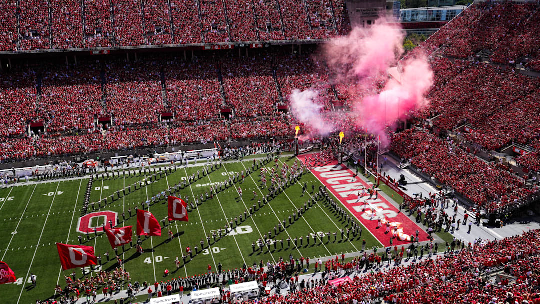 The Ohio State Buckeyes take the field before the game against Texas Longhorns at Ohio Stadium on Saturday, Aug. 30, 2025 in Columbus, Ohio.