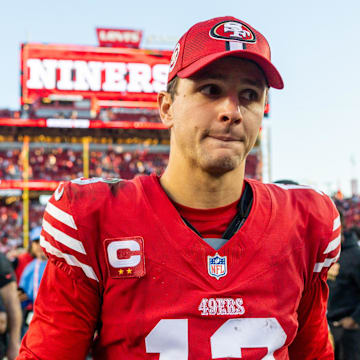 Dec 8, 2024; Santa Clara, California, USA; San Francisco 49ers quarterback Brock Purdy (13) looks on after the game against the Chicago Bears at Levi's Stadium. Mandatory Credit: Bob Kupbens-Imagn Images