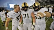 Nov 9, 2024; Denton, Texas, USA; Army Black Knights offensive lineman Paolo Gennarelli (71) celebrates after a 14-3 win against the North Texas Mean Green at DATCU Stadium. Mandatory Credit: Danny Wild-Imagn Images