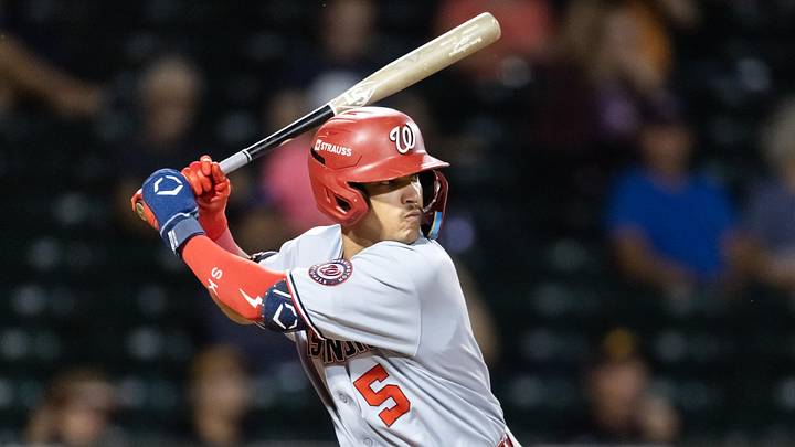 Nov 9, 2025; Mesa, AZ, USA; Washington Nationals infielder Seaver King during the Arizona Fall League Fall Stars Game at Sloan Park. Mandatory Credit: Mark J. Rebilas-Imagn Images