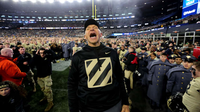 Dec 9, 2023; Foxborough, Massachusetts, USA; Army Black Knights head coach Jeff Monken celebrates