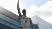 Feb. 9, 2024; Los Angeles, Calif.; The Los Angeles Lakers unveil a statue to the public honoring Hall of Famer Kobe Bryant at Crypto.com Arena. Bryant won five NBA championships and played all twenty of his NBA seasons with the franchise. Bryant died in a helicopter crash with his daughter Gianna in January 2020. Mandatory Credit: Sandy Hooper-USA TODAY