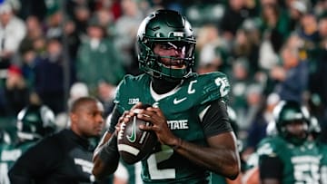 Oct 25, 2025; East Lansing, Michigan, USA; Michigan State Spartans quarterback Aidan Chiles (2) warms up prior to a game against the Michigan Wolverines at Spartan Stadium. Mandatory Credit: Brendan Mullin-Imagn Images
