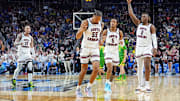 Mar 21, 2024; Pittsburgh, PA, USA; The South Carolina Gamecocks celebrate after guard Ta'Lon Cooper (55) made a last second shot before half-time of the game against the Oregon Ducks in the first round of the 2024 NCAA Tournament at PPG Paints Arena. Mandatory Credit: Gregory Fisher-USA TODAY Sports