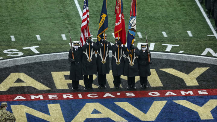Dec 12, 2020; West Point, New York, USA; The Naval Academy color guard stands on the midfield logo before a game between the Army Golden Knights and the Navy Midshipmen at Michie Stadium. Mandatory Credit: Danny Wild-USA TODAY Sports