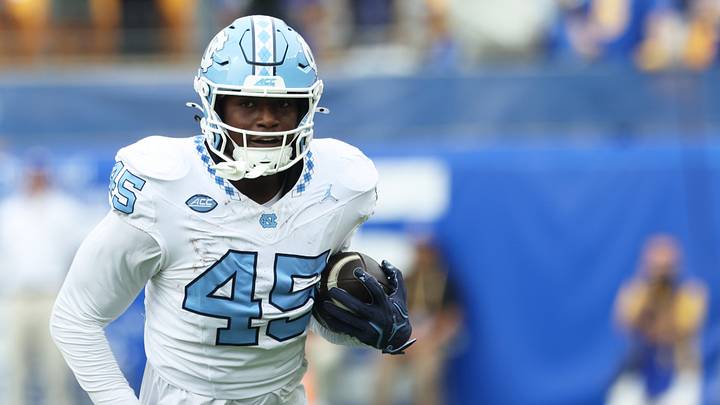 Oct 10, 2026; Pittsburgh, Pennsylvania, USA;  North Carolina Tar Heels tight end Jelani Thurman (45) runs after catch against the Pittsburgh Panthers during the third quarter at Acrisure Stadium.  Mandatory Credit: Charles LeClaire-Imagn Images