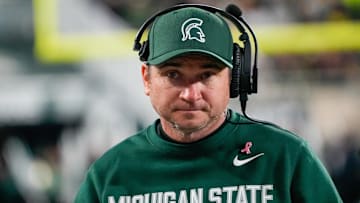 Oct 25, 2025; East Lansing, Michigan, USA; Michigan State Spartans head coach Jonathan Smith on the sidelines against the Michigan Wolverines during the first half at Spartan Stadium. Mandatory Credit: Brendan Mullin-Imagn Images