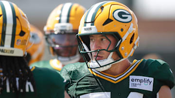 Green Bay Packers linebacker Kristian Welch (54) participates in drills during the sixth day of training camp on July 29, 2025, at Ray Nitschke Field in Ashwaubenon, Wis.