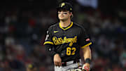 Pittsburgh Pirates first baseman Matt Gorski (62) looks on during the fourth inning against the Los Angeles Angels at Angel Stadium.