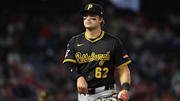 Pittsburgh Pirates first baseman Matt Gorski (62) looks on during the fourth inning against the Los Angeles Angels at Angel Stadium.