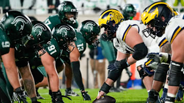 Oct 25, 2025; East Lansing, Michigan, USA; A view of the line of scrimmage during the first half of game between the Michigan State Spartans and the Michigan Wolverines at Spartan Stadium. Mandatory Credit: Brendan Mullin-Imagn Images