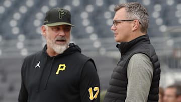 May 6, 2024; Pittsburgh, Pennsylvania, USA;  Pittsburgh Pirates manager Derek Shelton (17) and general manager Ben Cherington (right) talk on the field before the game against the Los Angeles Angels at PNC Park. Mandatory Credit: Charles LeClaire-Imagn Images