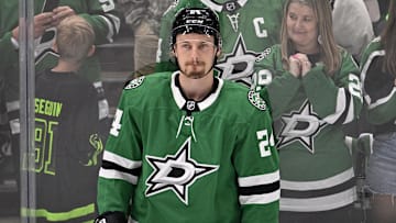 May 23, 2025; Dallas, Texas, USA; Dallas Stars center Roope Hintz (24) practices before game two of the Western Conference Final of the 2025 Stanley Cup Playoffs at American Airlines Center. Mandatory Credit: Jerome Miron-Imagn Images
