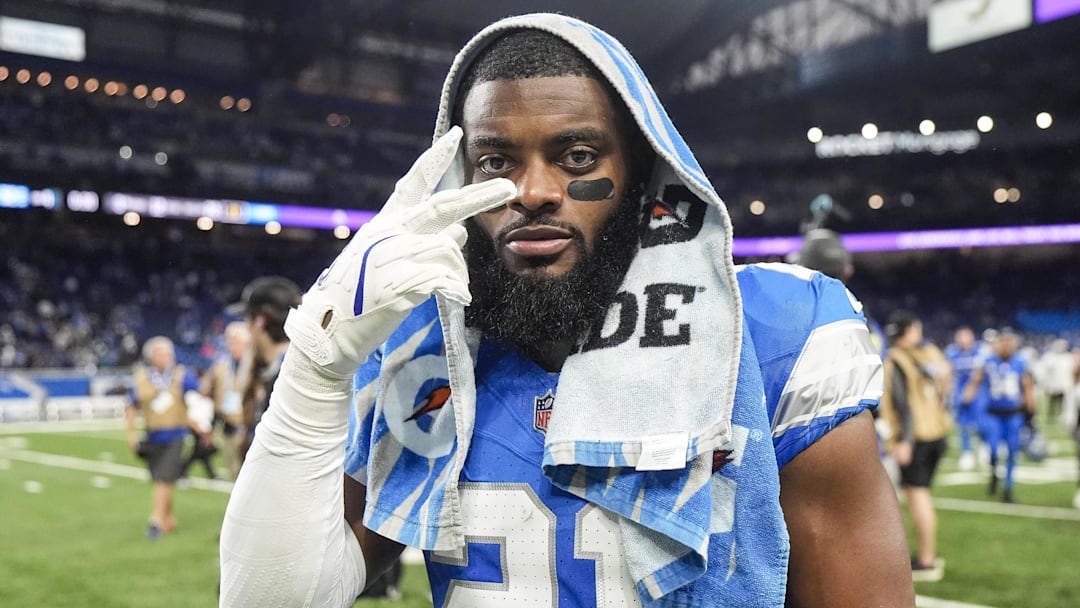 Nov 17, 2024; Detroit, MI, USA; Detroit Lions cornerback Amik Robertson (21) poses for a photo after 52-6 win over Jacksonville Jaguars at Ford Field in Detroit on Sunday, Nov. 17, 2024. Mandatory Credit: Junfu Han/USA TODAY Network via Imagn Images 