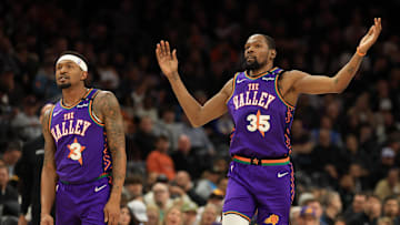 Mar 14, 2025; Phoenix, Arizona, USA; Phoenix Suns forward Kevin Durant (35) reacts alongside Bradley Beal (3) against the Sacramento Kings at Footprint Center. Mandatory Credit: Mark J. Rebilas-Imagn Images