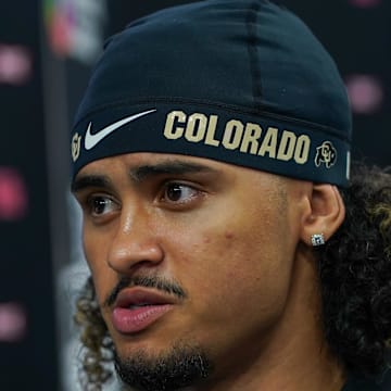 Jul 9, 2025; Frisco, TX, USA; Colorado quarterback Julian Lewis speaks with the media during 2025 Big 12 Football Media Days at The Star. Mandatory Credit: Raymond Carlin III-Imagn Images