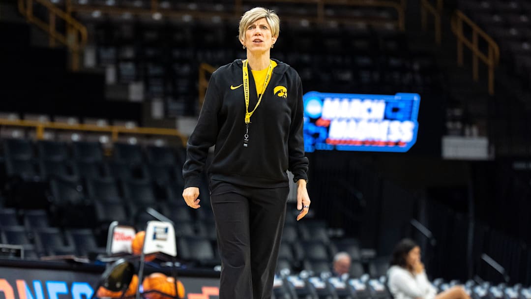 Iowa head coach Jan Jensen watches her team practice March 20, 2026 ahead of the Iowa Hawkeyes’ First Round NCAA Tournament game at Carver-Hawkeye Arena in Iowa City, Iowa.
