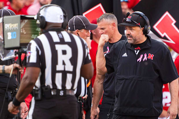 Nebraska Cornhuskers head coach Matt Rhule talks with officials during a review in the second quarter.
