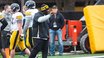 Iowa defensive line coach Kelvin Bell talks with players during a Hawkeye football spring practice on Thursday, April 4, 2019, at the University of Iowa outdoor practice facility in Iowa City, Iowa.

190404 Iowa Fb 009 Jpg