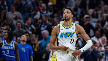 Indiana Pacers guard Tyrese Haliburton celebrates his made basket and foul in the second half against the Milwaukee Bucks at Gainbridge Fieldhouse on Tuesday.