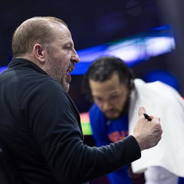 May 2, 2024; Philadelphia, Pennsylvania, USA; New York Knicks head coach Tom Thibodeau during a timeout against the Philadelphia 76ers in game six of the first round for the 2024 NBA playoffs at Wells Fargo Center. Mandatory Credit: Bill Streicher-USA TODAY Sports