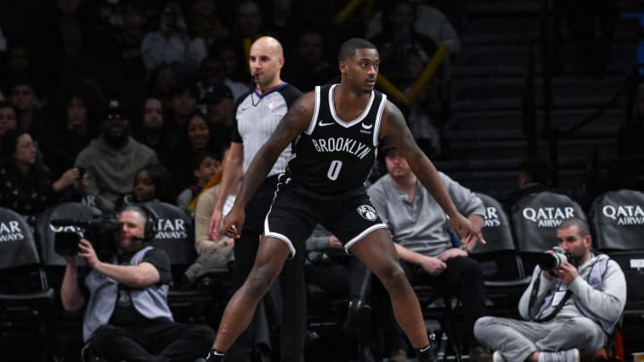 Nov 25, 2023; Brooklyn, New York, USA; Brooklyn Nets forward Dariq Whitehead (0) during his NBA debut in the fourth quarter against the Miami Heat at Barclays Center. Mandatory Credit: John Jones-USA TODAY Sports