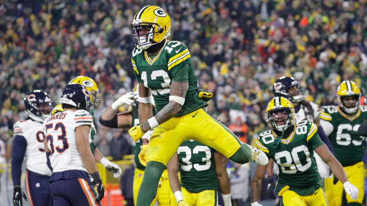 Green Bay Packers wide receiver Dontayvion Wicks celebrates a touchdown against the Chicago Bears.