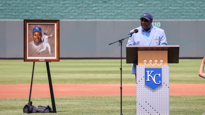 Jun 28, 2023; Kansas City, Missouri, USA;  Bo Jackson speaks during his Royals Hall of Fame induction ceremony prior to the game between the Kansas City Royals and the Cleveland Guardians at Kauffman Stadium. Mandatory Credit: William Purnell-USA TODAY Sports