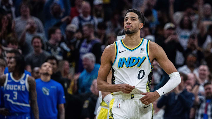 Indiana Pacers guard Tyrese Haliburton celebrates his made basket and foul in the second half against the Milwaukee Bucks. Indiana Pacers guard Tyrese Haliburton celebrates his made basket and foul in the second half against the Milwaukee Bucks.
