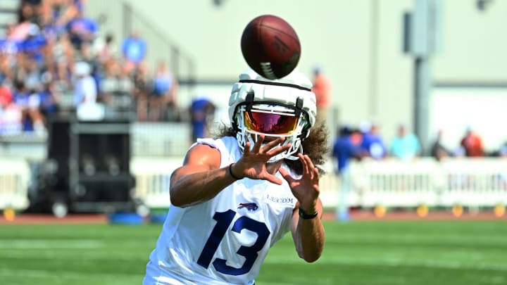 Jul 24, 2024; Rochester, NY, USA; Buffalo Bills wide receiver Mack Hollins (13) catches a pass during training camp at St. John Fisher University. Mandatory Credit: Mark Konezny-USA TODAY Sports