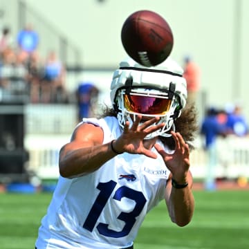Jul 24, 2024; Rochester, NY, USA; Buffalo Bills wide receiver Mack Hollins (13) catches a pass during training camp at St. John Fisher University. Mandatory Credit: Mark Konezny-USA TODAY Sports