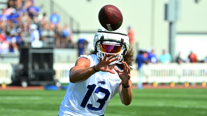 Jul 24, 2024; Rochester, NY, USA; Buffalo Bills wide receiver Mack Hollins (13) catches a pass during training camp at St. John Fisher University. Mandatory Credit: Mark Konezny-USA TODAY Sports