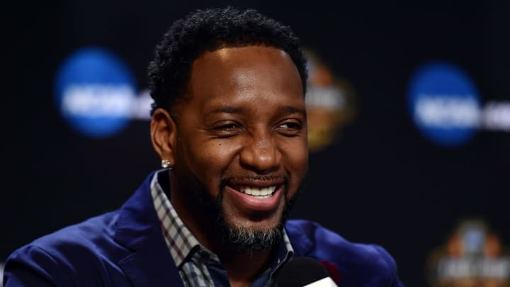 Apr 1, 2017; Glendale, AZ, USA; NBA former player Tracy McGrady speaks during the Naismith Hall of Game Press Conference at University of Phoenix Stadium. Mandatory Credit: Joe Camporeale-USA TODAY Sports