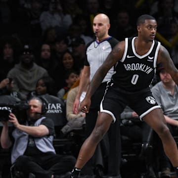 Nov 25, 2023; Brooklyn, New York, USA; Brooklyn Nets prospect Dariq Whitehead (0) during his NBA debut in the fourth quarter against the Miami Heat at Barclays Center. Mandatory Credit: John Jones-Imagn Images