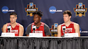 Mar 23, 2017; New York, NY, USA; Wisconsin Badgers guard Bronson Koenig (24), forward Nigel Hayes (10) and forward Ethan Happ (22) speak the media during practice the day before the East Regional semifinals of the 2017 NCAA Tournament at Madison Square Garden. Mandatory Credit: Brad Penner-Imagn Images