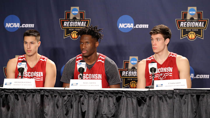 Mar 23, 2017; New York, NY, USA; Wisconsin Badgers guard Bronson Koenig (24), forward Nigel Hayes (10) and forward Ethan Happ (22) speak the media during practice the day before the East Regional semifinals of the 2017 NCAA Tournament at Madison Square Garden. Mandatory Credit: Brad Penner-Imagn Images Mar 23, 2017; New York, NY, USA; Wisconsin Badgers guard Bronson Koenig (24), forward Nigel Hayes (10) and forward Ethan Happ (22) speak the media during practice the day before the East Regional semifinals of the 2017 NCAA Tournament at Madison Square Garden. Mandatory Credit: Brad Penner-Imagn Images