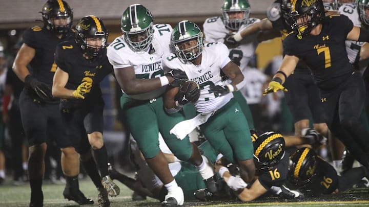 Action from a high school football game between Bishop Verot and Venice at Bishop Verot on Friday, Sept. 6, 2024. Venice won the offensive slugfest.