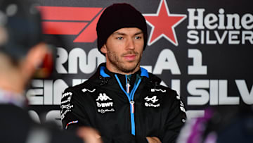 Nov 23, 2024; Las Vegas, Nevada, USA; BWT Alpine driver Pierre Gasly (10) arrives for the Las Vegas Grand Prix at Las Vegas Circuit. Mandatory Credit: Gary A. Vasquez-Imagn Images