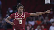 Nov 9, 2024; Houston, Texas, USA; Florida State Seminoles forward AJ Swinton (19) reacts after a play during the second half against the Rice Owls at Toyota Center. Mandatory Credit: Troy Taormina-Imagn Images