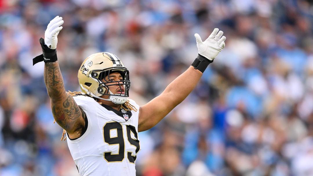 Dec 28, 2025; Nashville, Tennessee, USA; New Orleans Saints defensive end Chase Young (99) celebrates a tackle for loss against the Tennessee Titans during the second half at Nissan Stadium. Mandatory Credit: Steve Roberts-Imagn Images Dec 28, 2025; Nashville, Tennessee, USA; New Orleans Saints defensive end Chase Young (99) celebrates a tackle for loss against the Tennessee Titans during the second half at Nissan Stadium. Mandatory Credit: Steve Roberts-Imagn Images