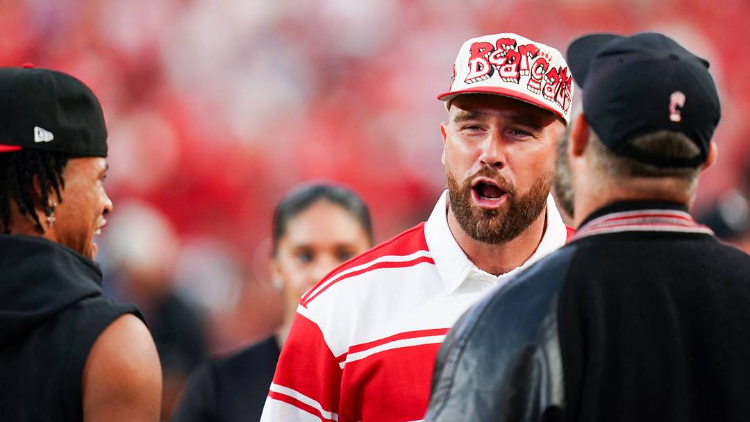 Kansas City Chiefs tight end Travis Kelce appears at the Kansas City Classic season opening game between the Cincinnati Bearcats and Nebraska Cornhuskers, Thursday, Aug. 28, 2025, at Arrowhead Stadium in Kansas City, Mo.