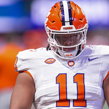 Aug 31, 2024; Atlanta, Georgia, USA; Clemson Tigers defensive lineman Peter Woods (11) shown on the field pregame prior to the game against the Georgia Bulldogs at Mercedes-Benz Stadium.