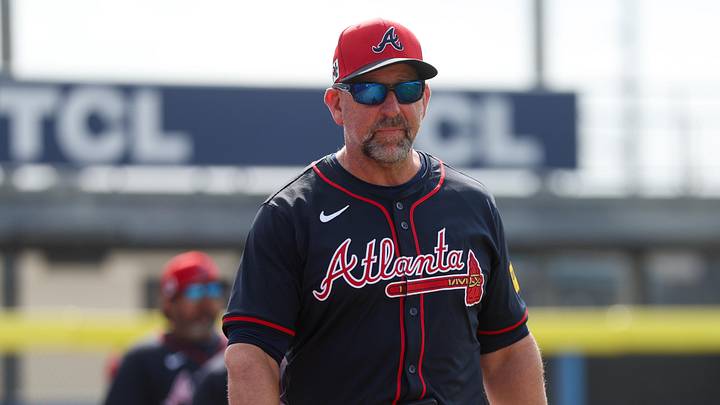 Mar 16, 2025; Dunedin, Florida, USA; Atlanta Braves bench coach/infield coach Walt Weiss (4) looks on before a spring training game against the Toronto Blue Jays at TD Ballpark. Mandatory Credit: Nathan Ray Seebeck-Imagn Images