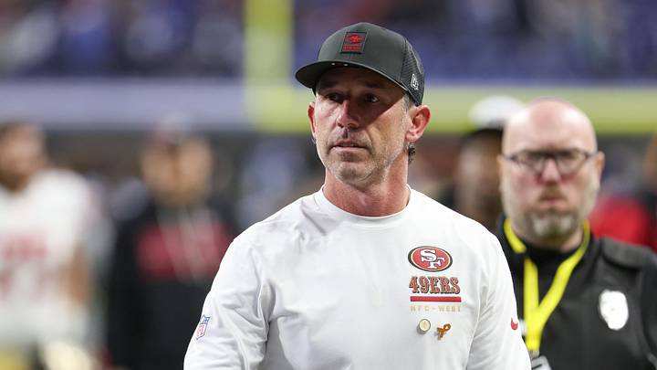 Dec 22, 2025; Indianapolis, Indiana, USA; San Francisco 49ers head coach Kyle Shanahan leaves the field after the game against the Indianapolis Colts at Lucas Oil Stadium. Mandatory Credit: Trevor Ruszkowski-Imagn Images