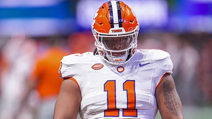 Aug 31, 2024; Atlanta, Georgia, USA; Clemson Tigers defensive lineman Peter Woods (11) shown on the field pregame prior to the game against the Georgia Bulldogs at Mercedes-Benz Stadium.