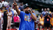 Jul 31, 2021; Dallas, Texas, USA: Music artist and owner Ice Cube performs during week four of the Big3 3-on-3 basketball league at American Airlines Center. Mandatory Credit: Aric Becker-Imagn Images