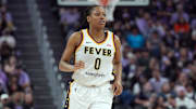 Aug 31, 2025; San Francisco, California, USA; Indiana Fever guard Kelsey Mitchell (0) during the second quarter against the Golden State Valkyries at Chase Center. Mandatory Credit: Darren Yamashita-Imagn Images
